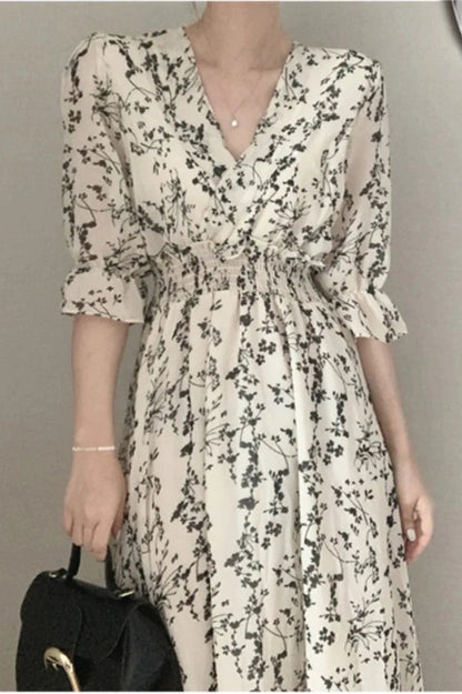 Elegant Floral Print V-Neck Midi Dress