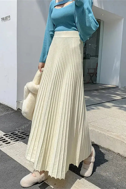 High Waist Patchwork Pleated Maxi Skirt