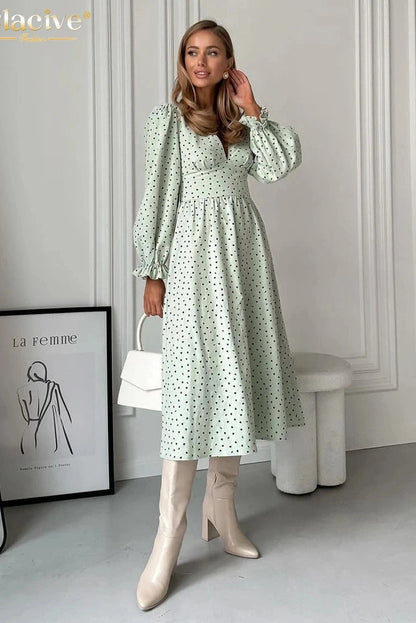 V-Neck Long Sleeve Midi Dress