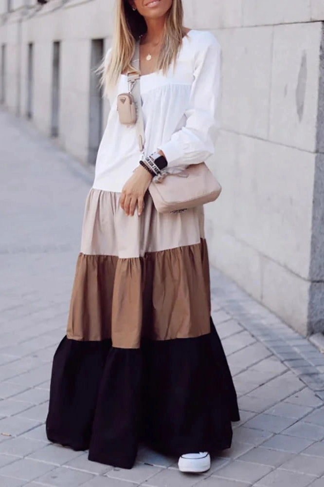 Long Sleeve Patchwork Pleated Maxi Dress