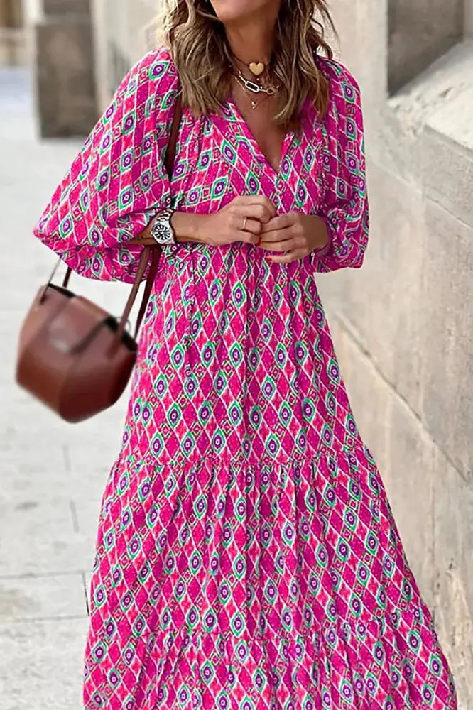 Boho V-Neck Print Lantern Sleeve Maxi Dress