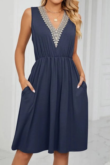 Lace Stitching V-Neck Midi Dress