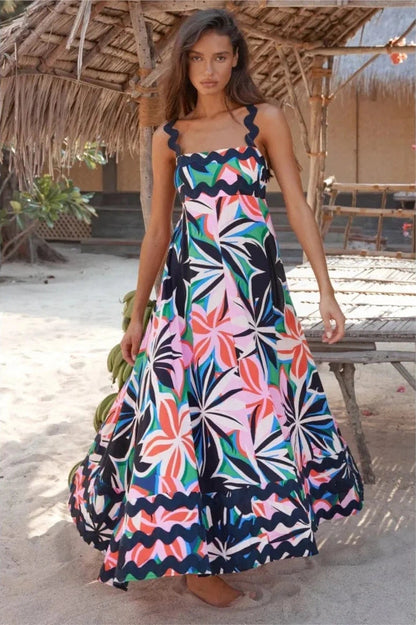 Backless Printed Spaghetti Strap Maxi Dress