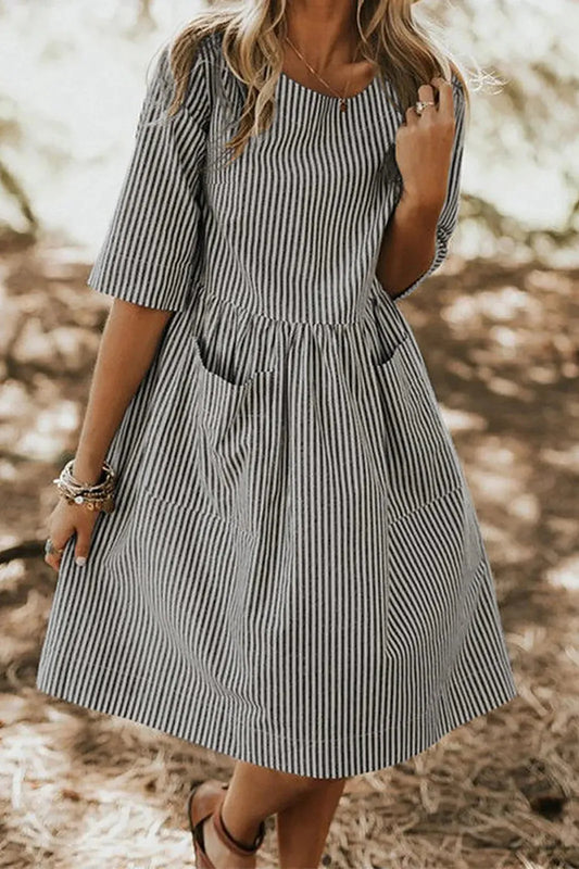 Elegant Striped Half Sleeve Midi Dress