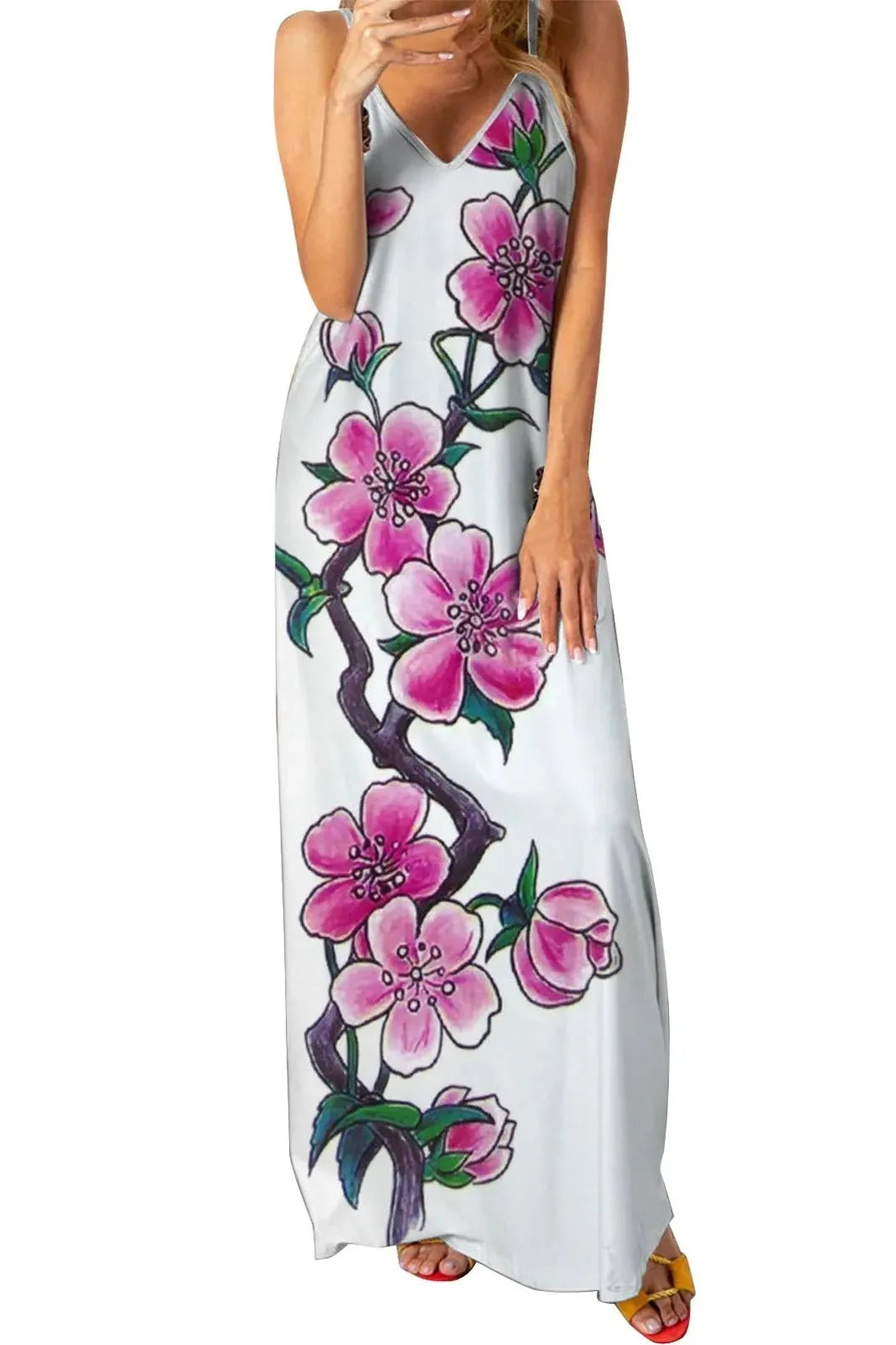 Leaf Printed V-Neck Maxi Dress