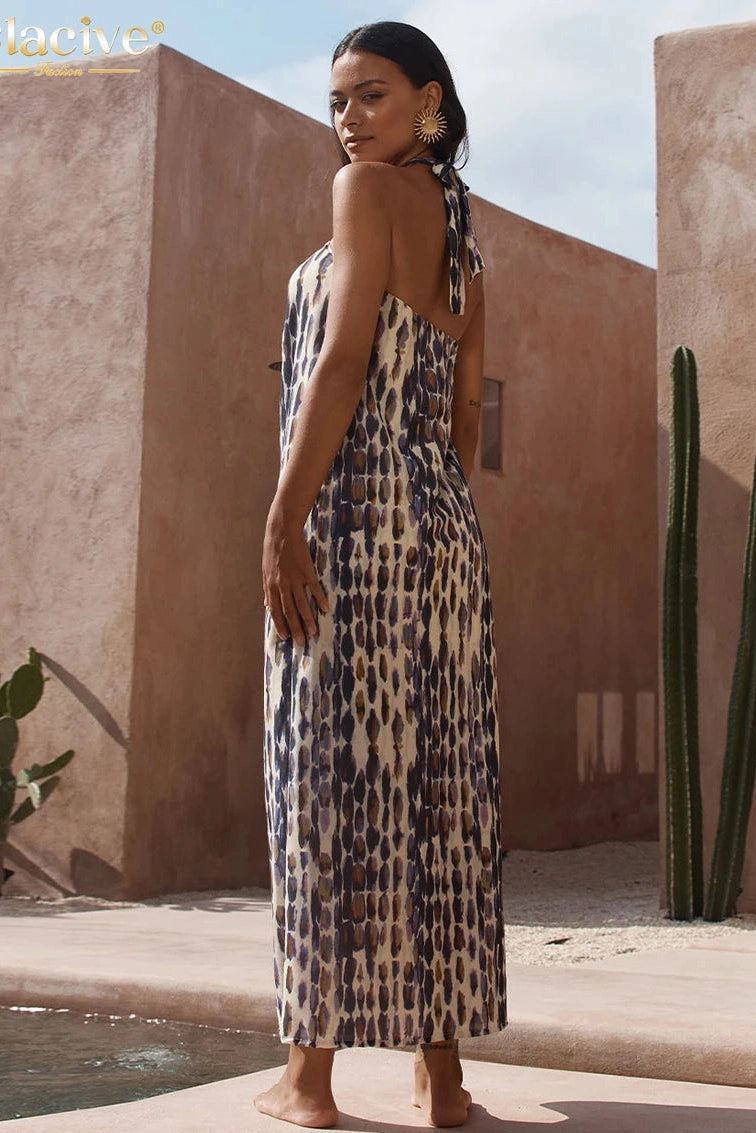 Elegant Print Halter Sleeveless Maxi Dress