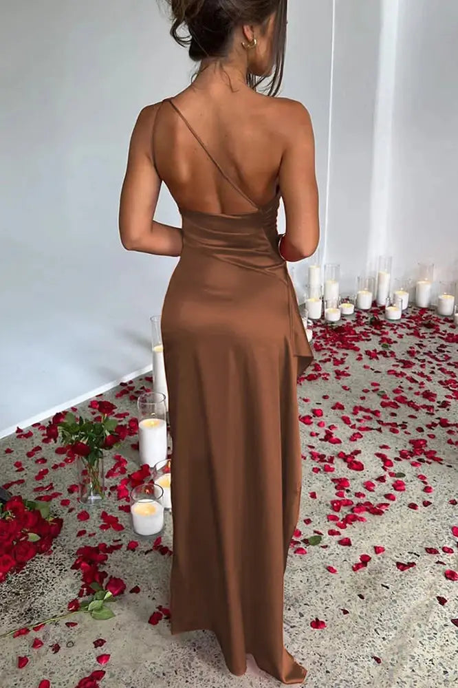 Satin Oblique Shoulder High Split Maxi Dress