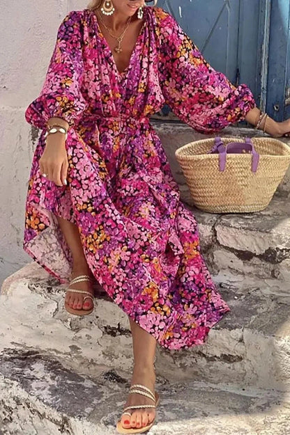 V-Neck Lantern Sleeve Printed Maxi Dress