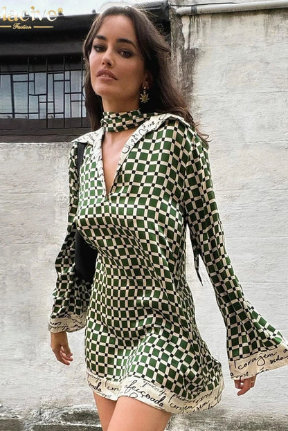 Elegant Print Lapel Long Sleeve Mini Dress