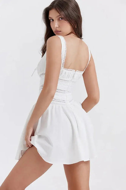 White Spaghetti Strap Lace-Up A-Line Mini Dress