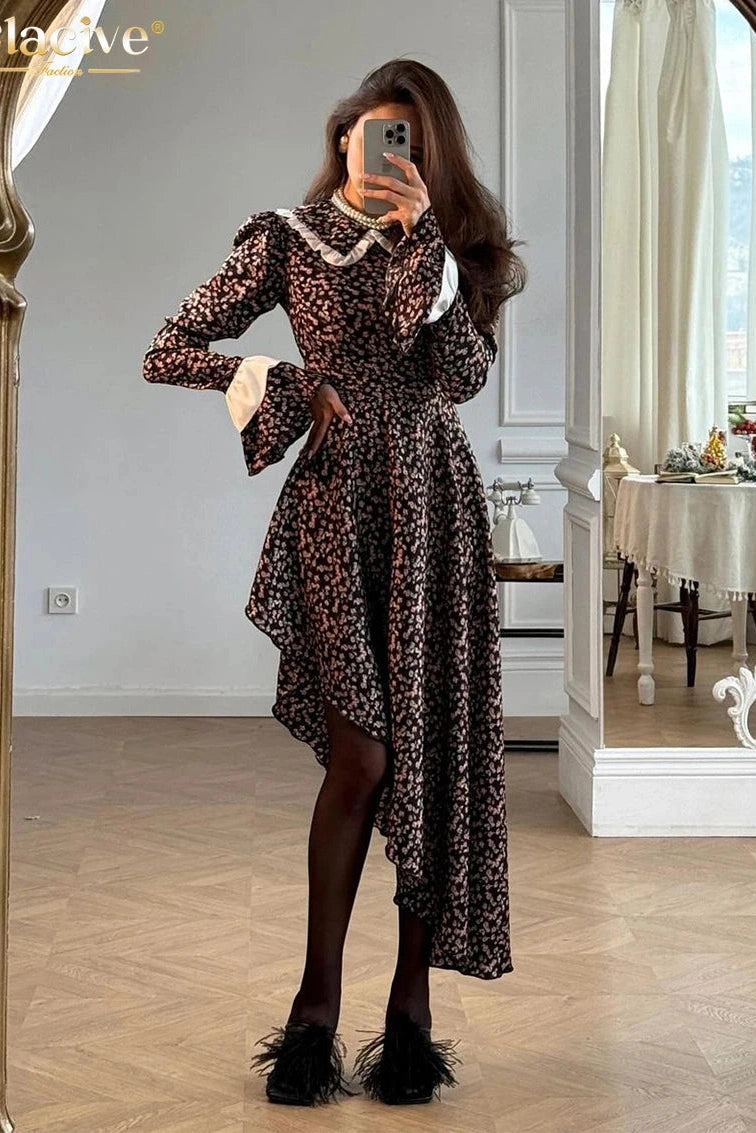 Elegant Long Sleeve Print Midi Dress