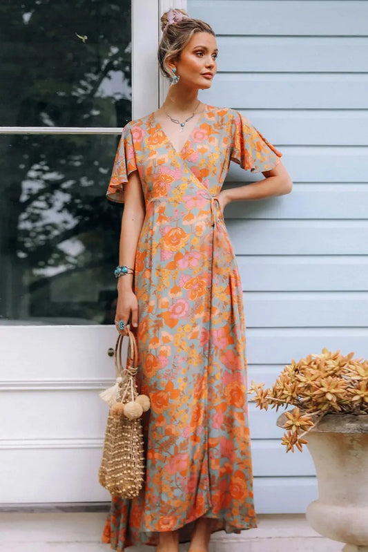 Bohemian Fashion Floral Printed High Waist Wrap Maxi Dress