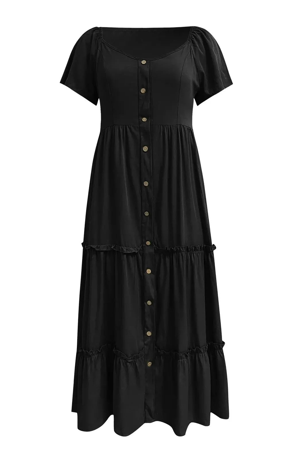 Button V-Neck Short Sleeve Midi Dress