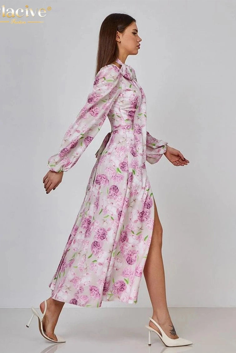 Print V-Neck Puff Sleeve Maxi Dress