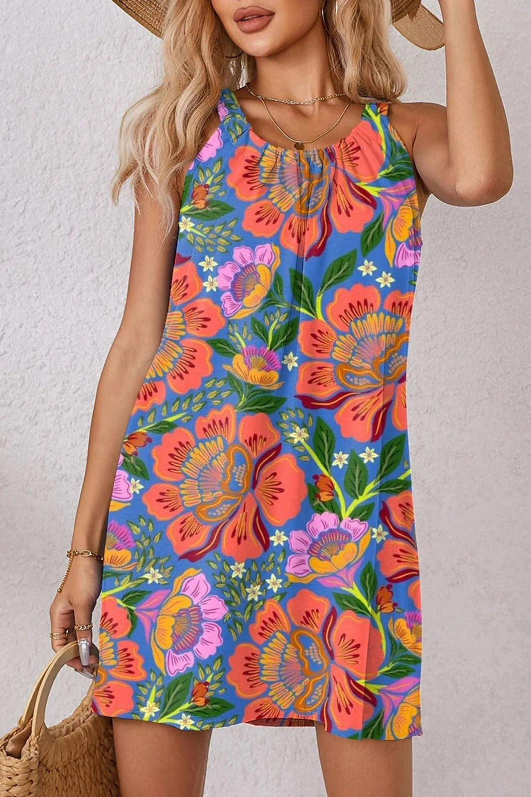 Floral Print Sleeveless Backless Mini Dress