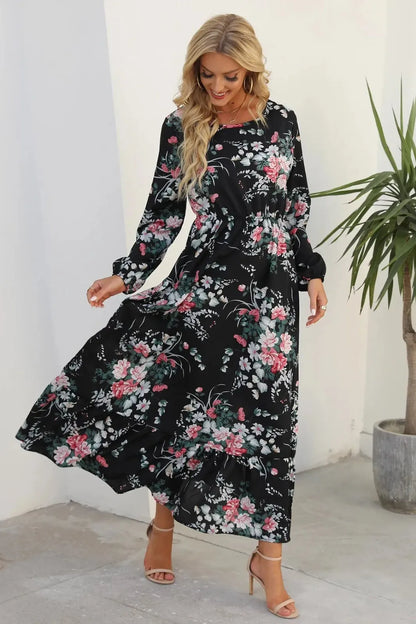 Long Sleeve Floral Printed Ruffle Maxi Dress