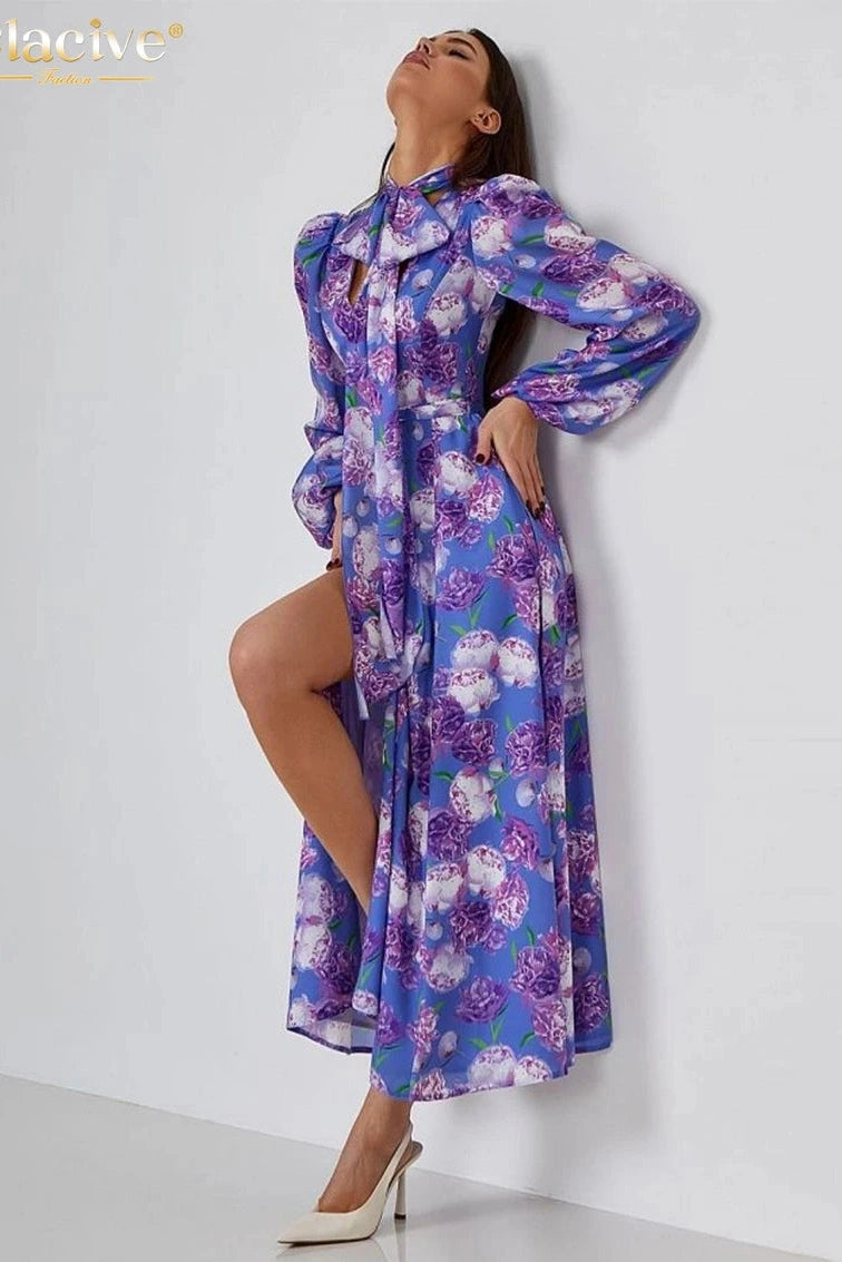 Print V-Neck Puff Sleeve Maxi Dress