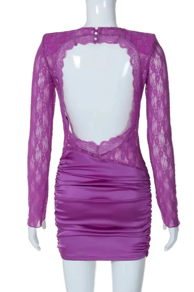O Neck Purple Lace See-Through Backless Mini Dress
