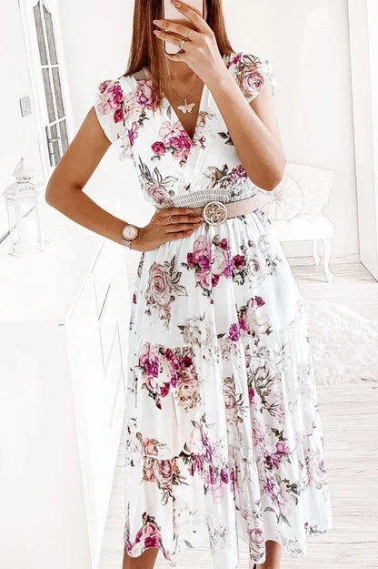 Printed V-Neck Short Sleeve Midi Dress