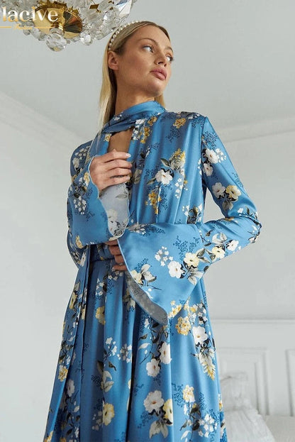 Print Elegant Long Sleeve Maxi Dress