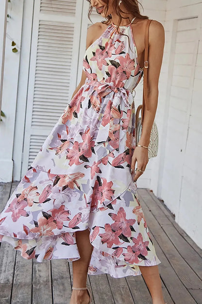 Sleeveless Halter Floral Print Maxi Dress