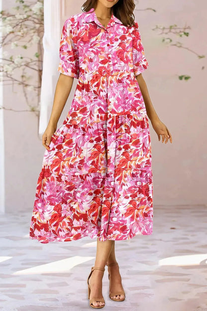 Short Sleeve Floral Print Midi Dress