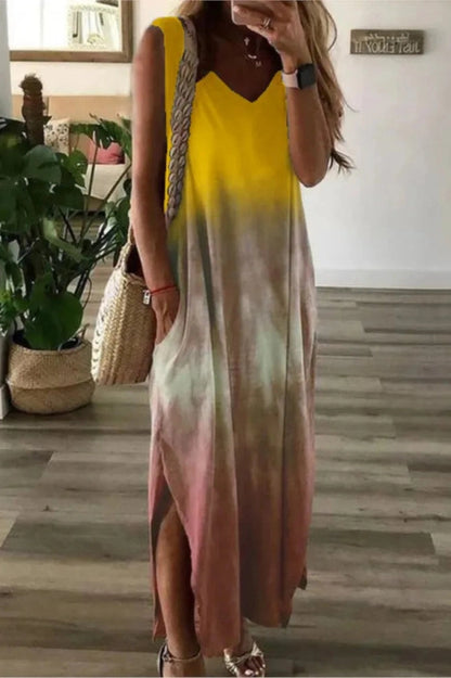 Printed Sleeveless V-Neck Maxi Dress