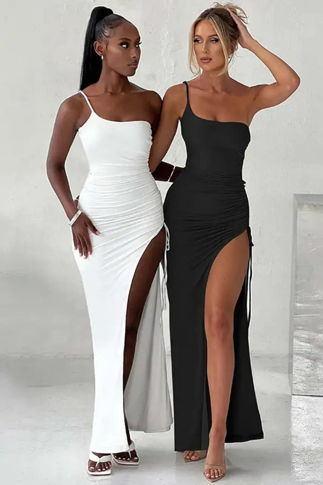 Chic One-Shoulder Thigh Split Backless Maxi Dress