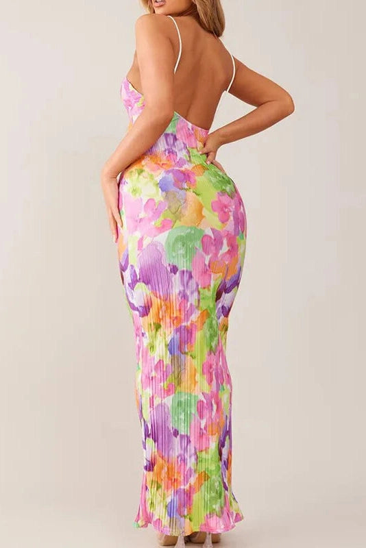 Printed V-Neck Spaghetti Strap Maxi Dress