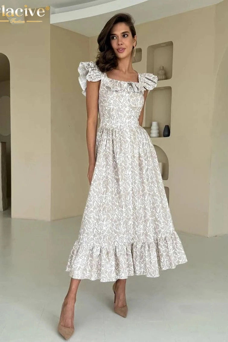 Elegant Square Collar Sleeveless Midi Dress