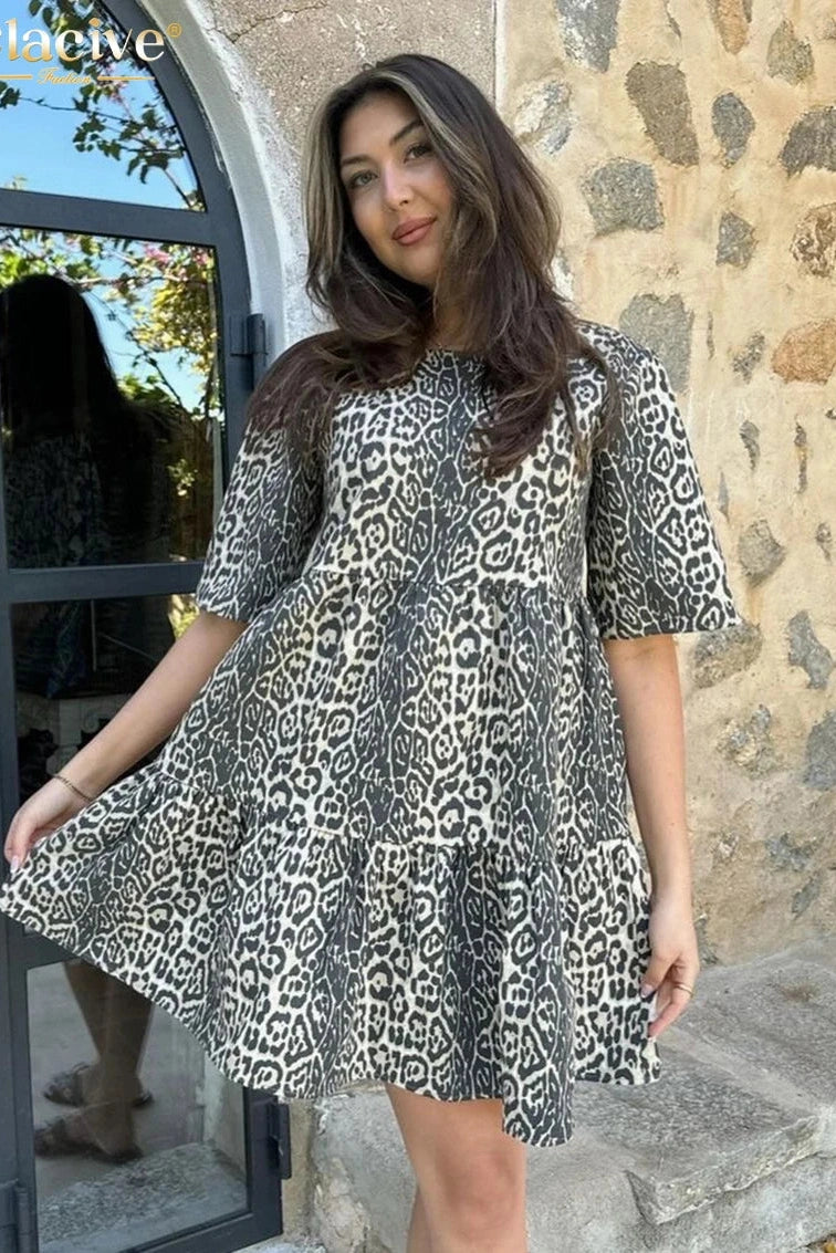 Print O-Neck Short Sleeve Mini Dress