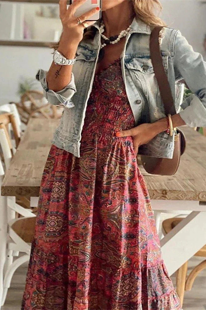 V-Neck Floral Print Maxi Dress