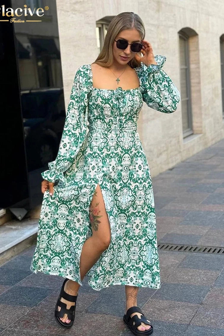 Square Collar Long Sleeve Midi Dress