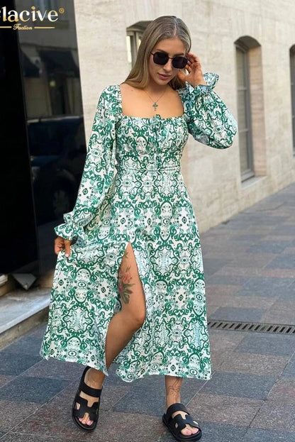 Square Collar Long Sleeve Midi Dress