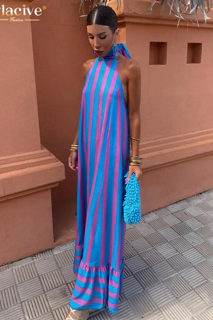 Print Halter Sleeveless Maxi Dress