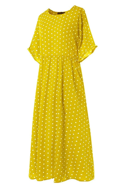 Short Sleeve Pleated Dot Maxi Dress