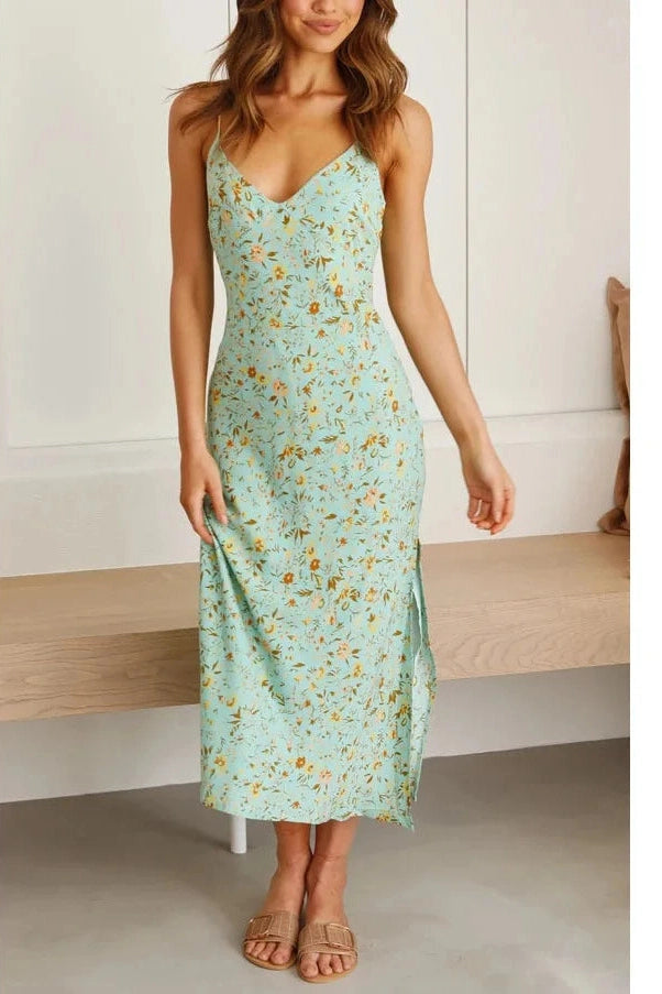 Printed Spaghetti Strap V-Neck Midi Dress