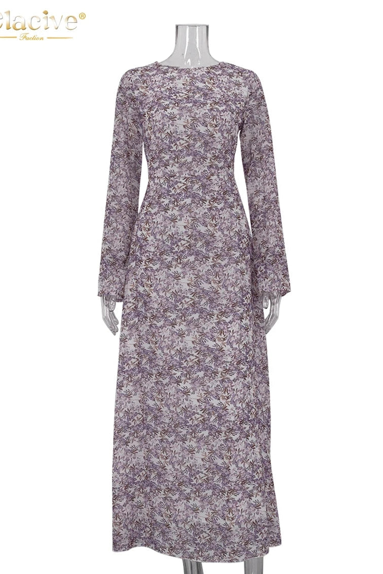 Print O-Neck Long Sleeve Maxi Dress