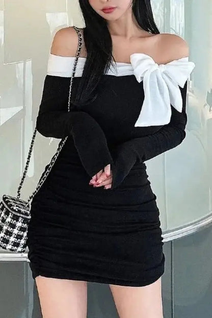 Off Shoulder Splice Bow Bodycon Mini Dress