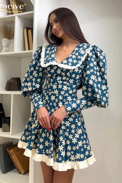 Elegant Print Lantern Sleeve Mini Dress