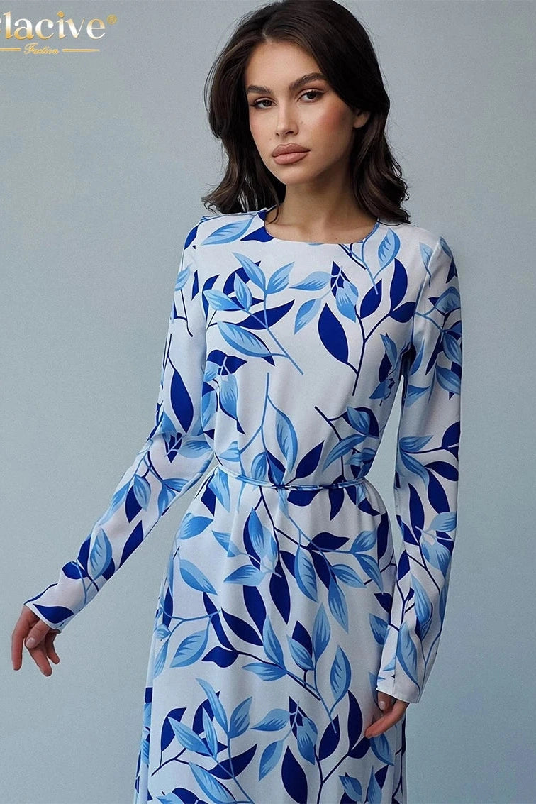 Print O-Neck Long Sleeve Maxi Dress