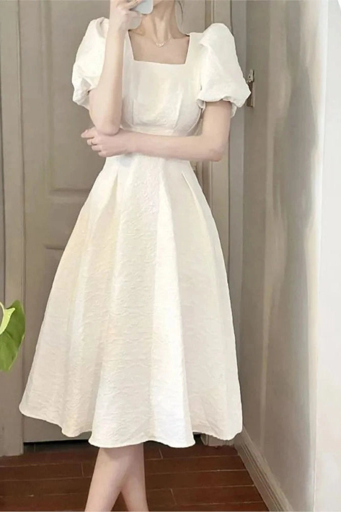 Puff Sleeve Square Collar Midi Dress