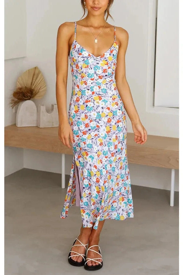 Printed Spaghetti Strap V-Neck Midi Dress