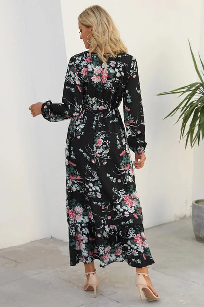 Long Sleeve Floral Printed Ruffle Maxi Dress