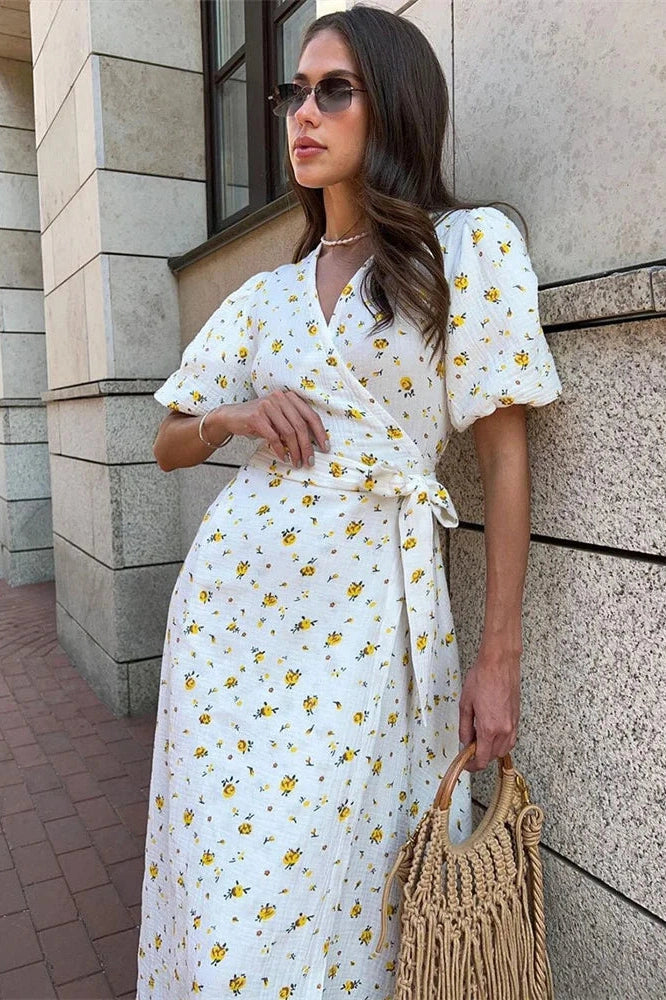 V-Neck Printed Lace-Up Midi Dress