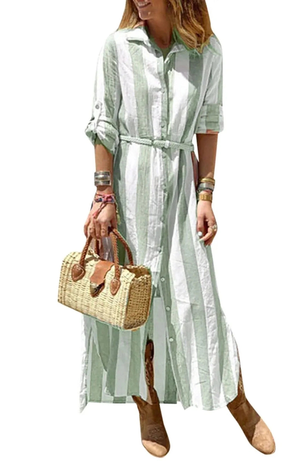 Elegant Striped Print Long Sleeve Maxi Dress