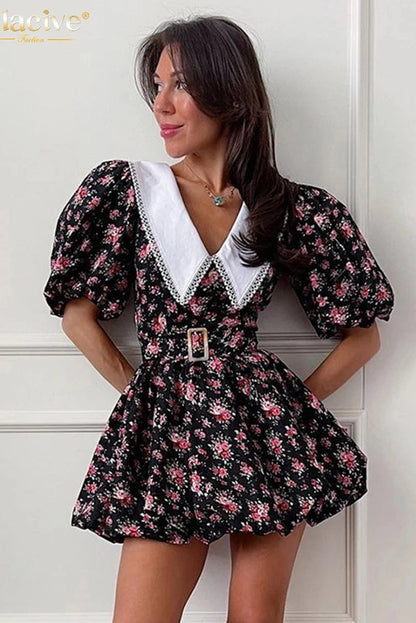 Elegant Print Puff Sleeve Mini Dress