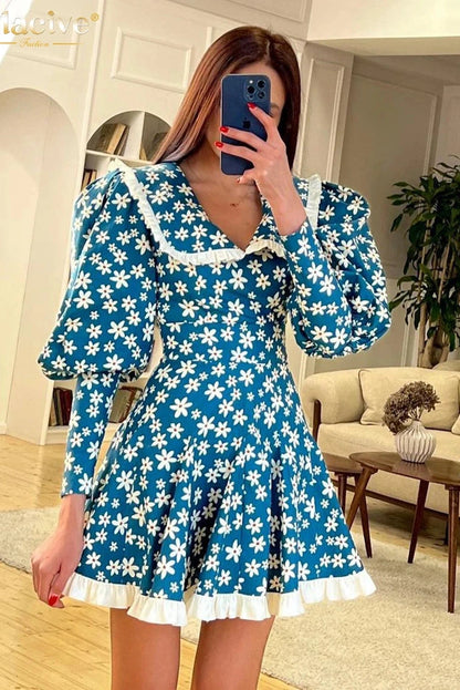 Elegant Print Lantern Sleeve Mini Dress