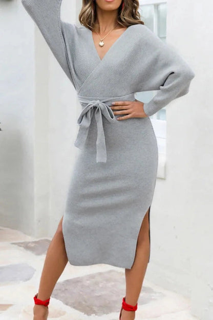 Elegant V-Neck Long Sleeve Midi Dress