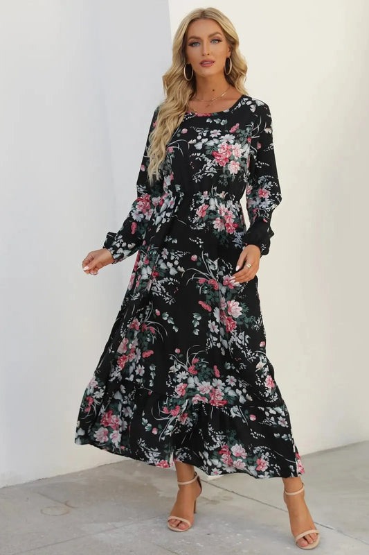 Long Sleeve Floral Printed Ruffle Maxi Dress